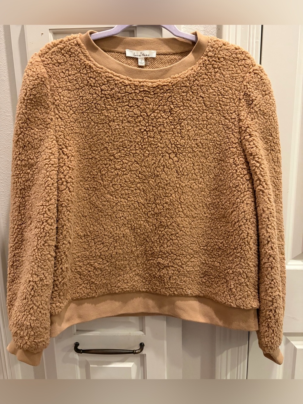 NWOT LOVE TREE Sherpa Crewneck Sweater - Camel Brown Size L - Super Soft & Cozy